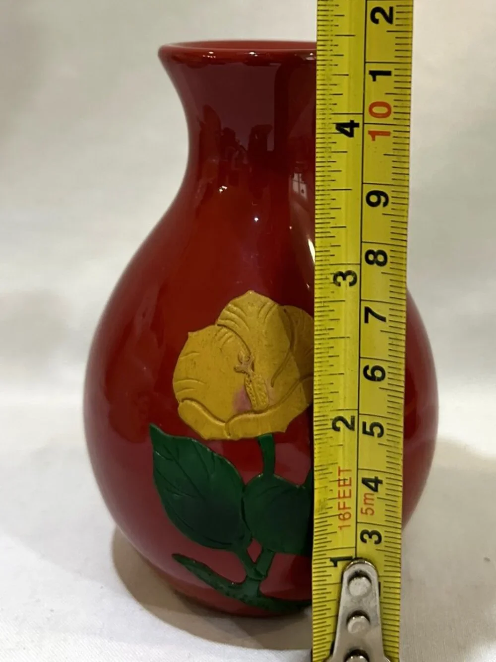 Japanese Red Lacquered Bud Vase Floral Pattern with Plastic Insert